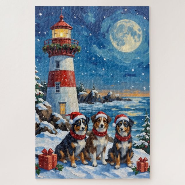 Puzzle Australian Shepherd Noël Phare Vacances (Vertical)