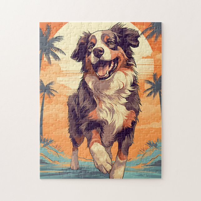 Puzzle Australian Shepherd sur une plage tropicale (Vertical)