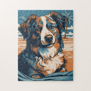 Puzzle Australian Shepherd sur une plage tropicale