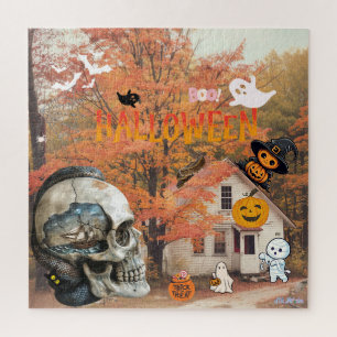 Puzzle automne oranger heureux Halloween chalet coucher d