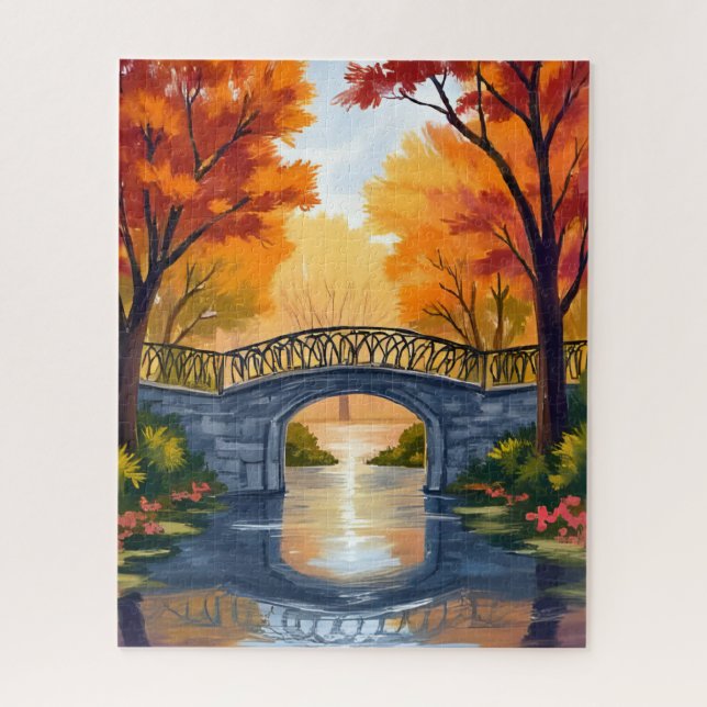 Puzzle Autumn Park Bridge | Fall Foliage Watercolor (Vertical)