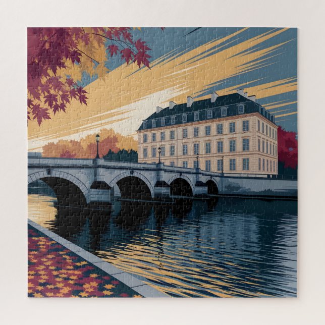 Puzzle Autumn Riverside European City Illustration Art (Vertical)
