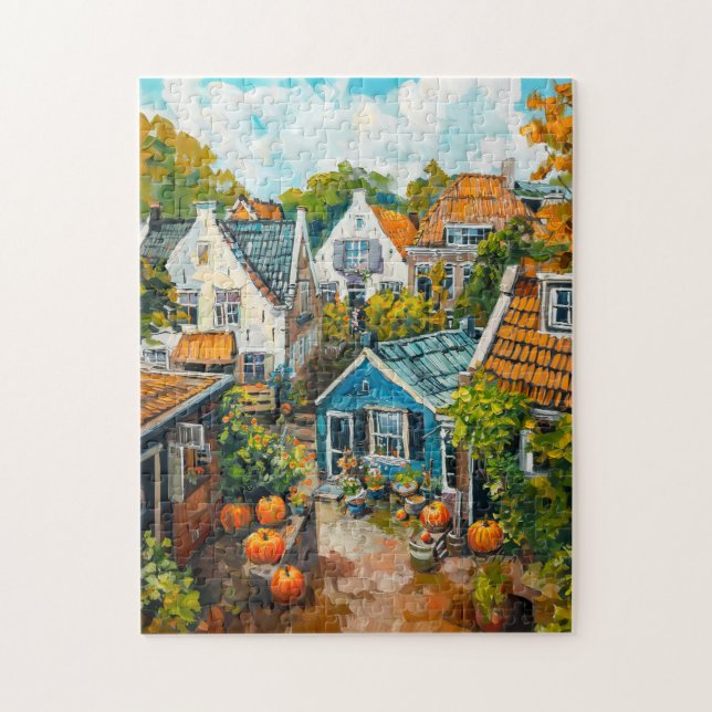 Puzzle Autumn Village with Pumpkins and Cottages Painting (Vertical)