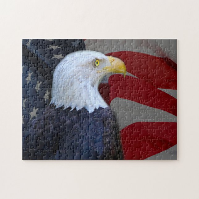 Puzzle avec boîte cadeau/aigle chauve avec drapeau (Horizontal)