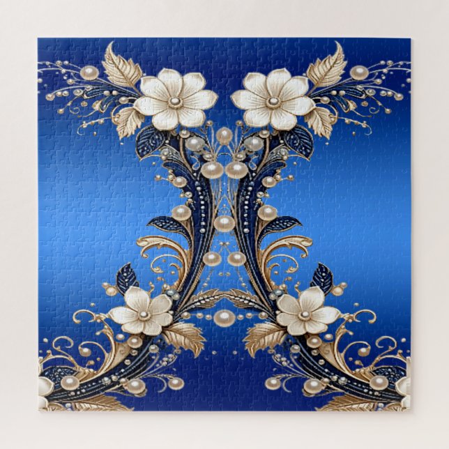 Puzzle avec embellissement floral bleu blanc (Vertical)