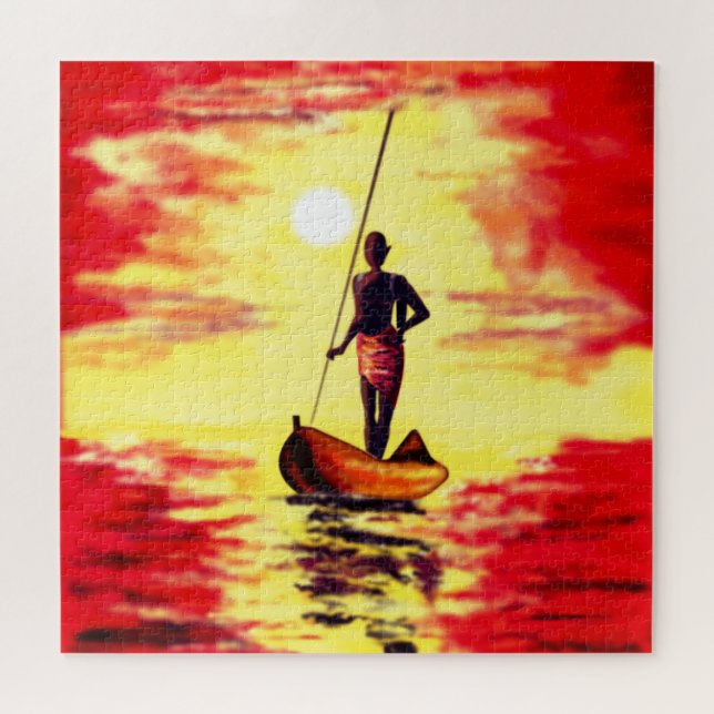 Puzzle avec un pêcheur sur le bateau au coucher du (Horizontal)