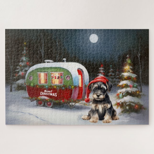Puzzle Aventure de Noël de la caravane de Schnauzer d'hiv (Horizontal)