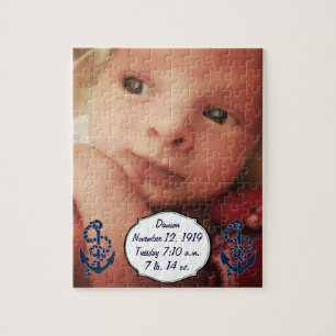 Puzzle Baby Boy Birth Stats Nautical Navy Ancre Motif