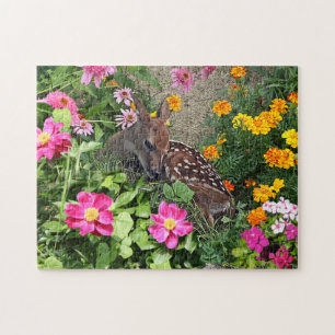 Puzzle Baby Deer Reting Among Flowers in Woods