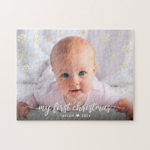 Puzzle Baby First Christmas Script Gold Snowflake Photo