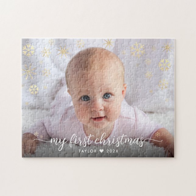 Puzzle Baby First Christmas Script Gold Snowflake Photo (Horizontal)