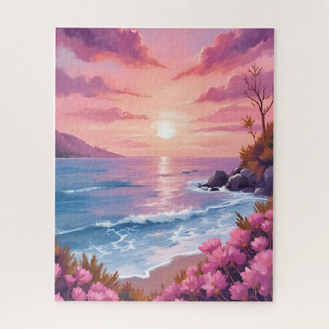 Puzzle Baie de Blush Beach | Aquarelle rose de coucher de (Vertical)