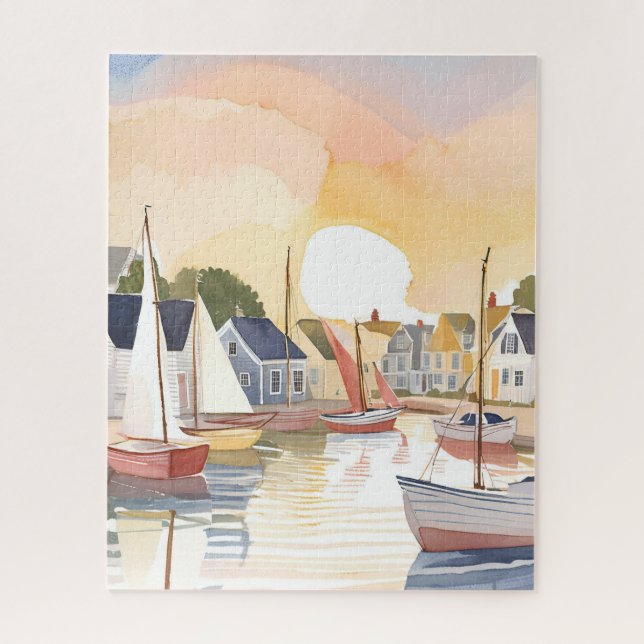 Puzzle Baie des bateaux | Peinture aquarelle de l'océan c (Vertical)
