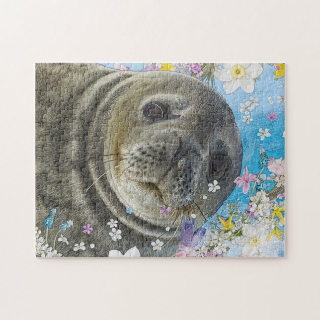 Puzzle Baignade de Lion de mer dans le Patch des fleurs (Horizontal)