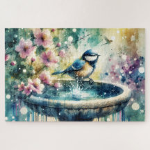Bain d'oiseau de printemps à l'aquarelle