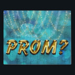Puzzle Bal d'étudiants ? Lumières de scintillement d'or<br><div class="desc">Demandez à quelqu'un au bal d'étudiants avec un bal d'étudiants d'or de faux ? puzzle denteux. Le bleu créatif allume l'arrière - plan accentué avec de l'or et le regard scintillant blanc des lumières de scintillement. Texte de bal d'étudiants d'or de Faux.</div>