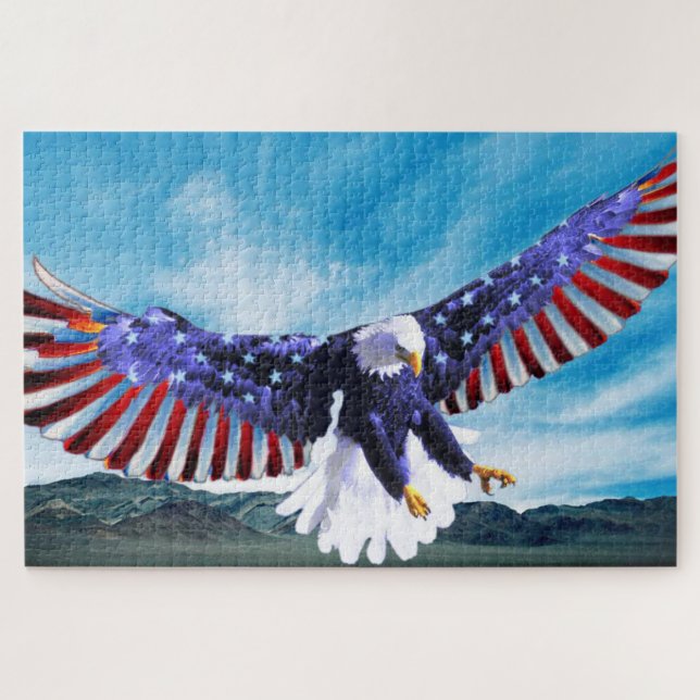Puzzle Bald Eagle flying in the sky with a American flag (Horizontal)
