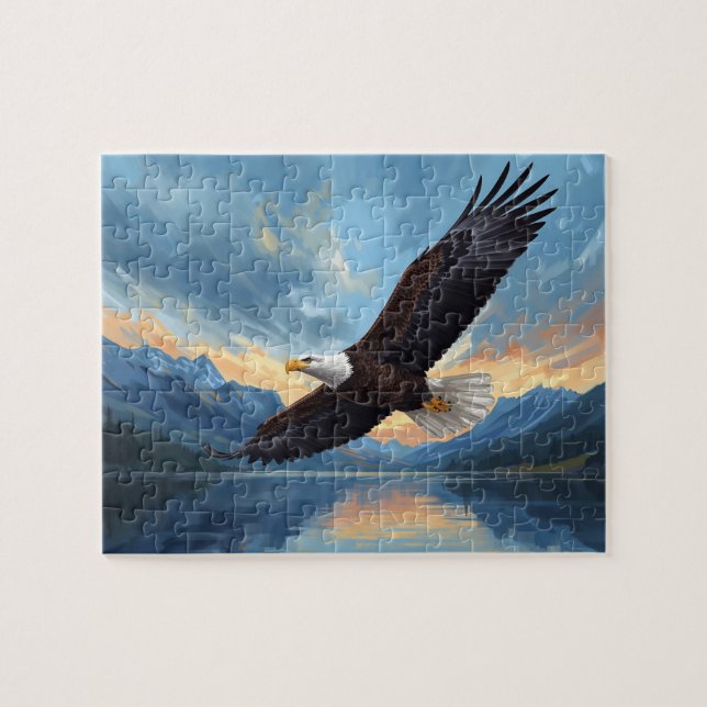 Puzzle Bald Eagle Soaring Mountain Lake Sunset Art (Horizontal)