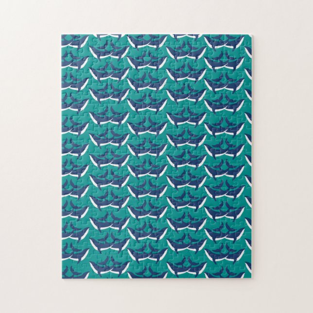 Puzzle Baleines Bleues Blanches Animal Marin Vert Océan M (Vertical)