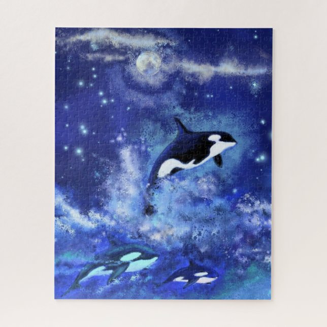 Puzzle Baleines tueuses nage sur Pleine lune - Dessin (Vertical)