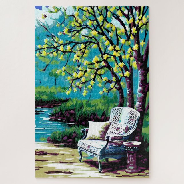 Puzzle banc fleuri étang paysage peinture (Vertical)