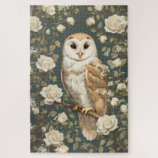 Puzzle Barn Owl Et White Roses William Morris Inspiré (Vertical)