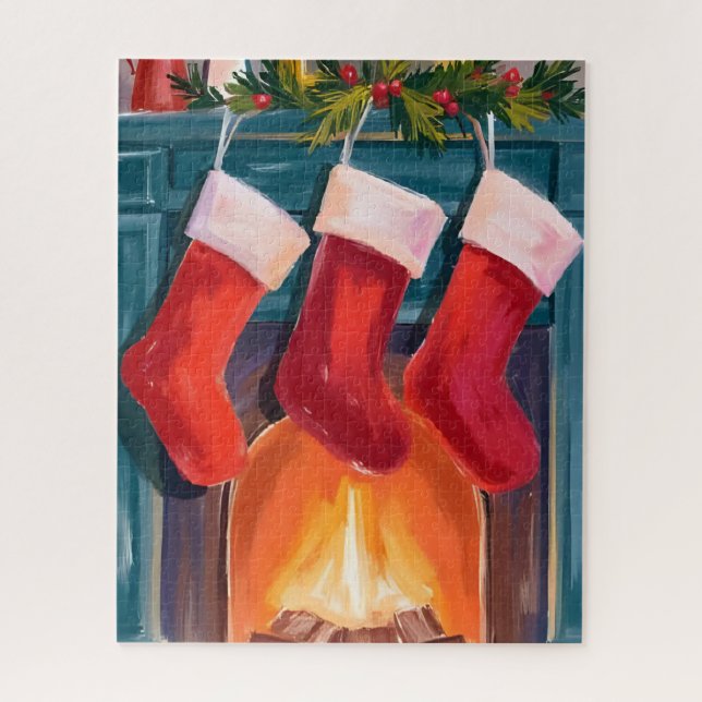Puzzle Bas de Noël rouges cheminée aquarelle (Vertical)