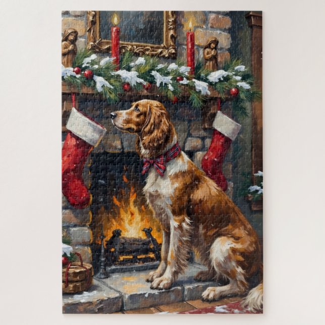 Puzzle Bas rouge de Noël Setter Anglais cheminée (Vertical)