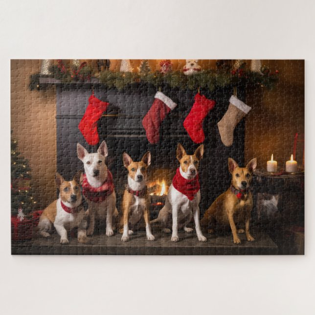 Puzzle Basenji au coin du feu de Noël (Horizontal)