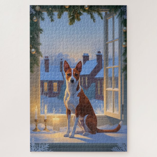 Puzzle Basenji avec lumières de Noël vacances (Vertical)