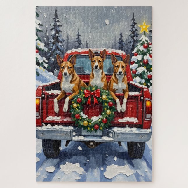 Puzzle Basenji camion rouge de Noël vacances (Vertical)
