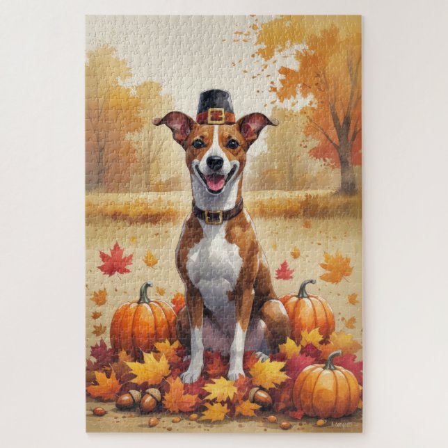 Puzzle Basenji dans l'art de l'Action de grâce des feuill (Vertical)