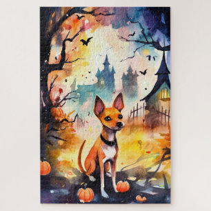 Puzzle Basenji d'Halloween avec citrouilles effrayant