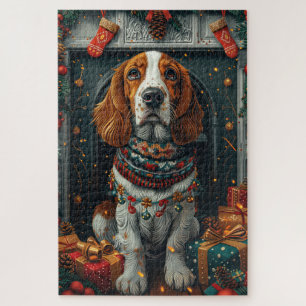Puzzle Basset Hound avec des cadeaux de Noël devant une c