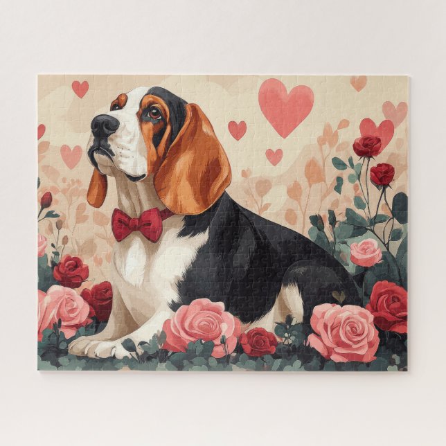 Puzzle Basset Hound avec des roses - Saint-Valentin  (Horizontal)