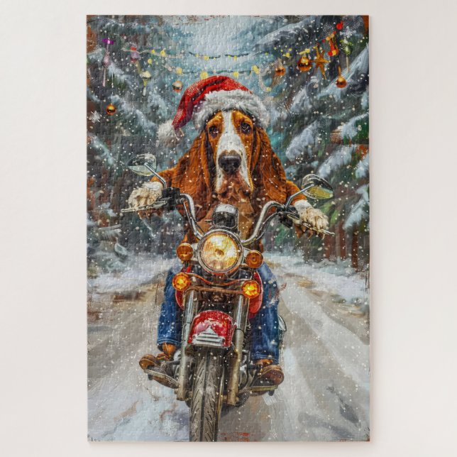 Puzzle Basset Hound Chien à Moto Noël  (Vertical)