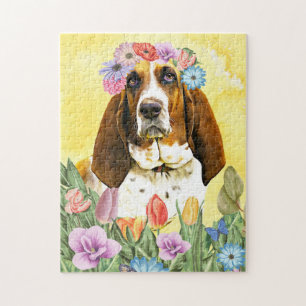 Puzzle Basset Hound Chien avec Fleurs Printemps