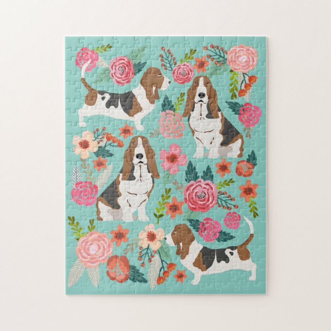 Puzzle Basset Hound Chien Vintage Florals (Vertical)