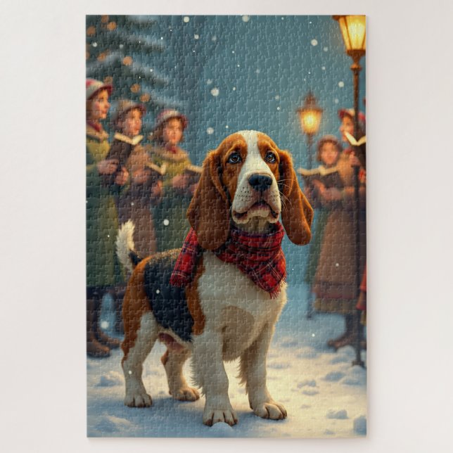 Puzzle Basset Hound Christmas Carol Singers Painting (Vertical)
