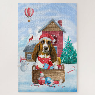 Puzzle Basset Hound dans la neige Maison de chien de Noël