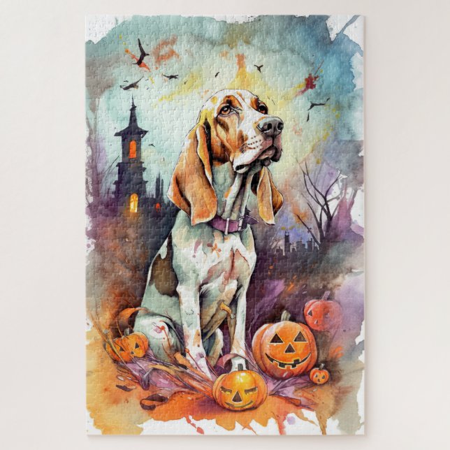 Puzzle Basset Hound d'Halloween avec citrouilles effrayan (Vertical)