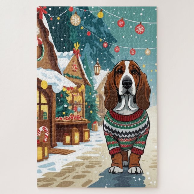 Puzzle Basset Hound Dogs Christmas Snow Holiday (Vertical)