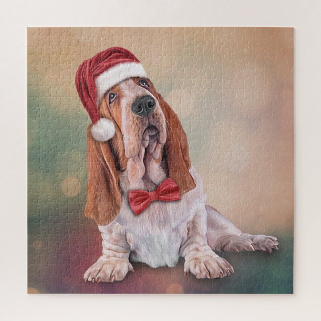 Puzzle Basset Hound en casquette rouge du Père Noël (Vertical)