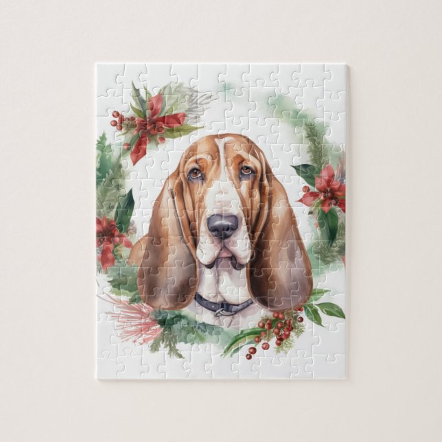 Puzzle Basset Hound Festive Wreath de Noël Pup (Vertical)