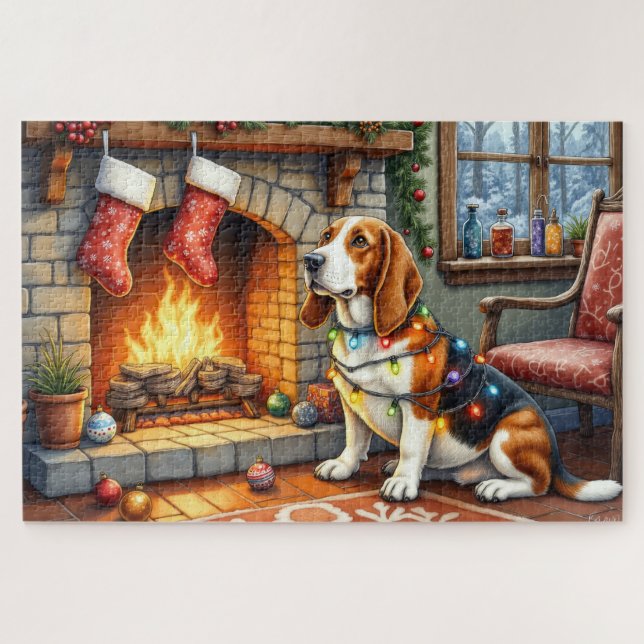 Puzzle Basset Hound Fireplace with Christmas Lights (Horizontal)