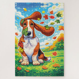 Puzzle Basset Hound joueur Feuilles d'automne Dessin anim