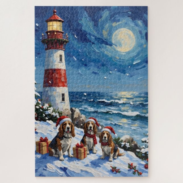 Puzzle Basset Hound Phare de Noël Vacances (Vertical)
