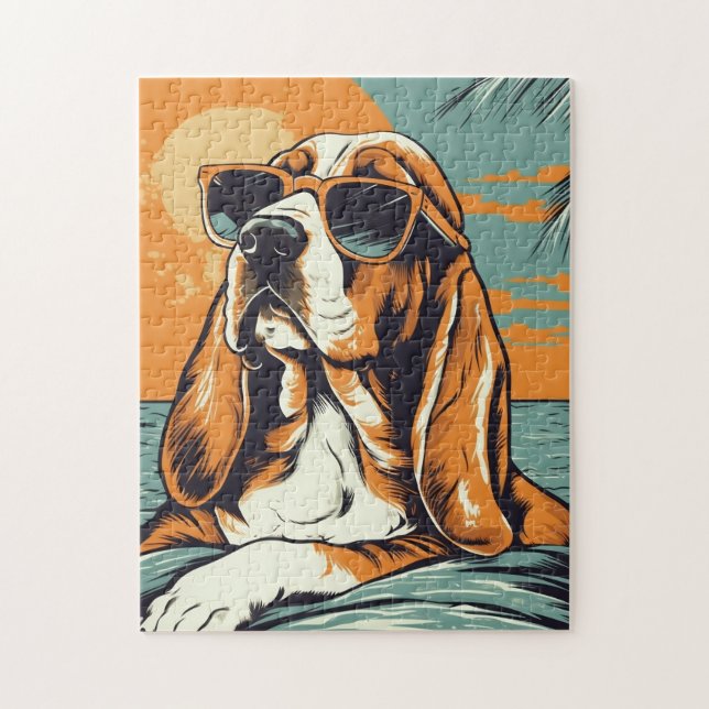 Puzzle Basset Hound sur une plage tropicale au coucher du (Vertical)