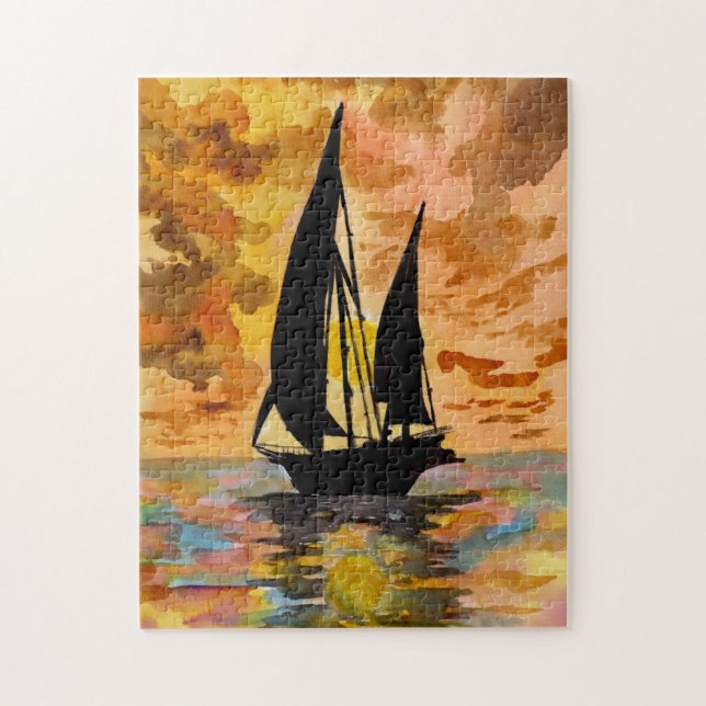 Puzzle Bateau à voile et coucher de soleil sur l'océan (Vertical)