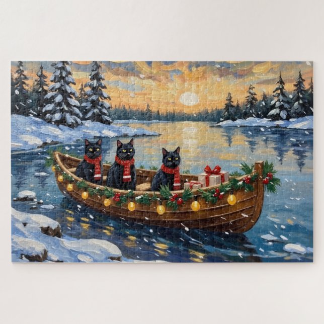 Puzzle Bateau de Noël à thème Chat Noir pour les Fêtes (Horizontal)